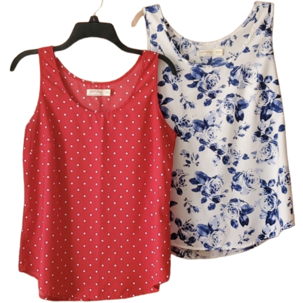 Faded Glory 2 Pack Womans Silky Tank Tops Size 8-10 Red Polka‎ Dots, Blue Floral